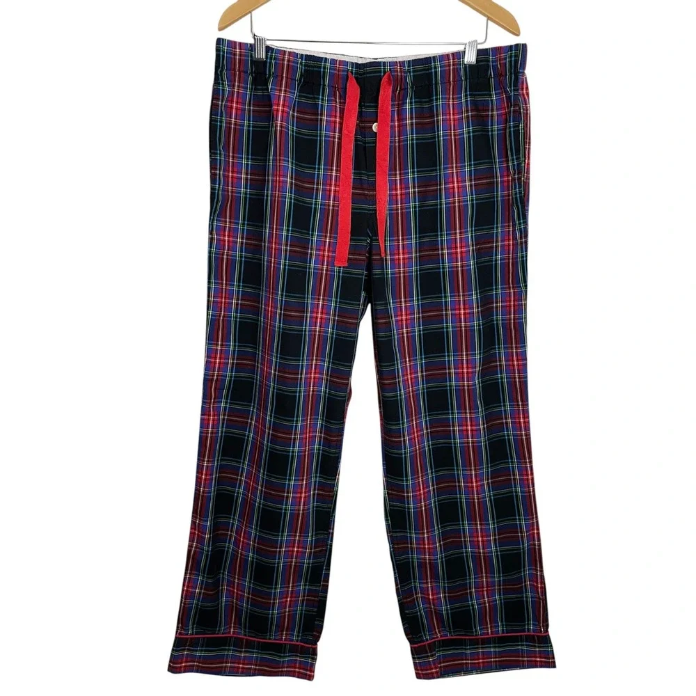 J.Crew L Red Black Green Plaid Cotton Pajama Pants Drawstring‎ Pockets Sleep